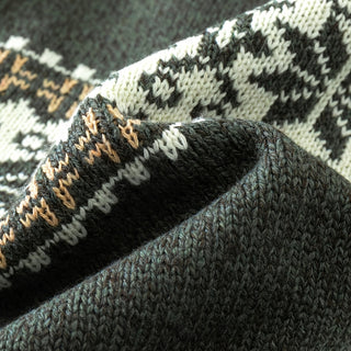 Close-up of a knitted fabric with a geometric pattern in black, white, and brown.