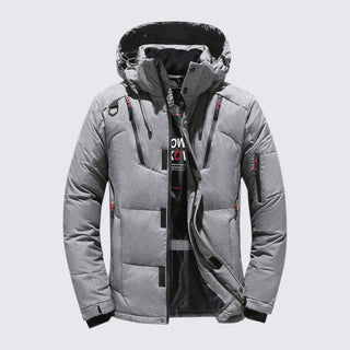 Gray winter jacket with a brand logo on a light gray background