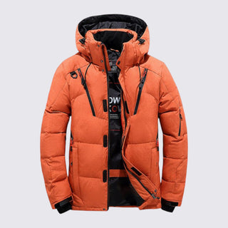 Orange winter jacket with black accents on a light gray background