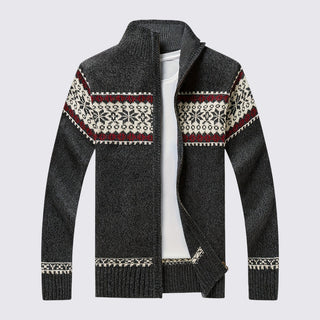 Dark gray cardigan with patterned sleeves on a light gray background