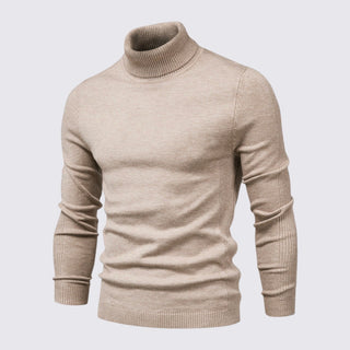 Beige turtleneck sweater on a light gray background