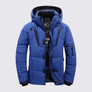 Blue winter jacket with black accents on a light gray background