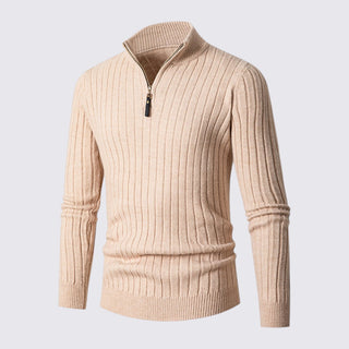 Beige ribbed sweater with a zipper on a light gray background