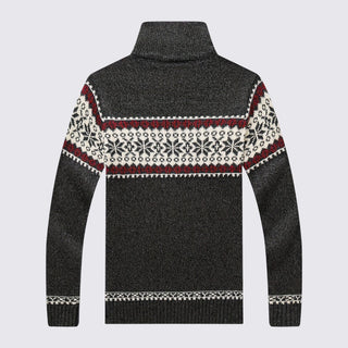 Black sweater with a patterned collar on a light gray background