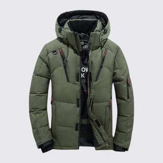 Green winter jacket with a hood on a light gray background