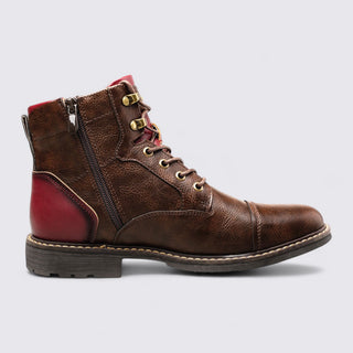 Brown leather boot with red inner lining on a light gray background