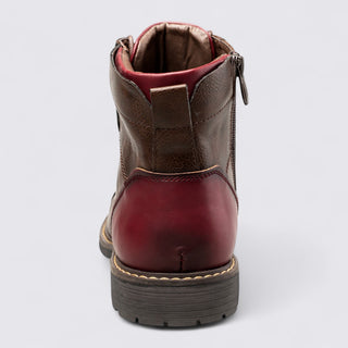 Brown and red leather boot on a white background