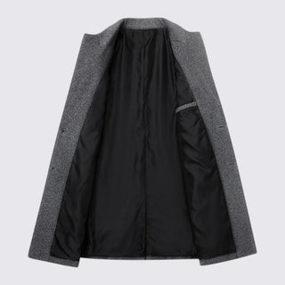 Gray coat with black lining on a light gray background