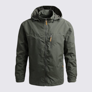 Green jacket with a hood on a light gray background
