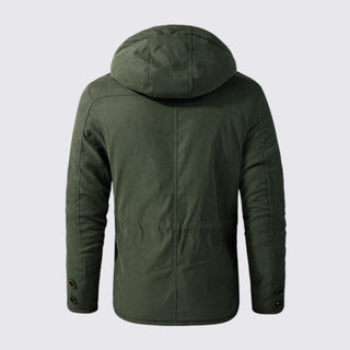 Green jacket with a hood on a light gray background