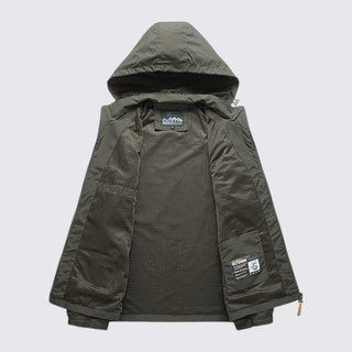Green jacket with a hood on a light gray background