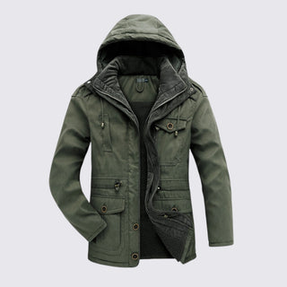 Green winter coat with a hood on a light gray background