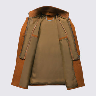 Brown and beige jacket with a hood on a light gray background