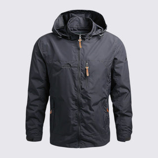 Dark gray jacket with a hood on a light gray background