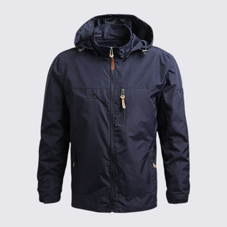 Navy blue jacket with a hood on a light gray background
