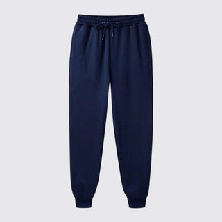 Navy blue sweatpants on a light gray background