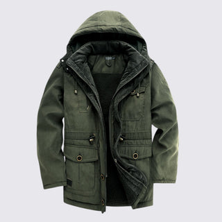 Green hooded jacket on a light gray background