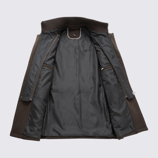 Dark gray jacket with brown accents on a light gray background