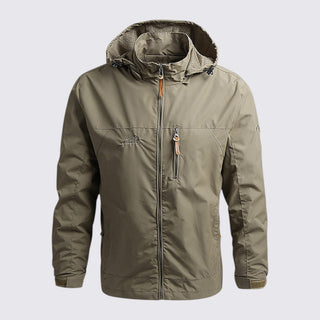 Green jacket with a hood on a light gray background