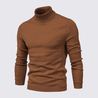 Brown turtleneck sweater on a light gray background