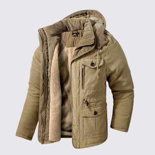 Khaki winter jacket with fur-lined hood on a light gray background
