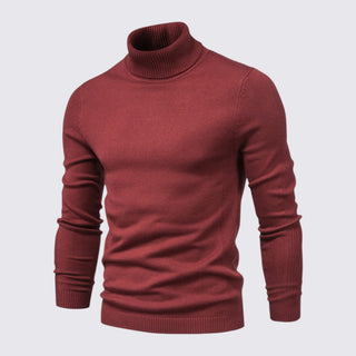 Maroon turtleneck sweater on a light gray background