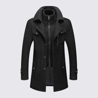 Black coat with a high collar on a light gray background