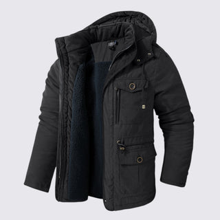 Black winter jacket with fur lining on a light gray background