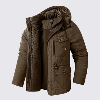 Brown winter jacket with a hood on a light gray background